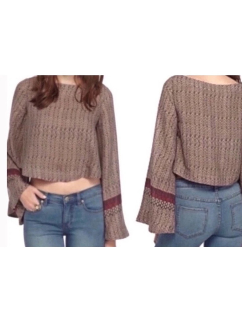 Free people Patterned Bell Sleeve Crop Top in Gray Plum women S/P casual retro